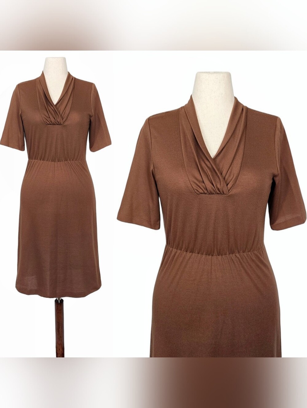1980s Vintage Dress 80s Midi Brown Small Medium V Neck Short Sleeves A Line S/M
